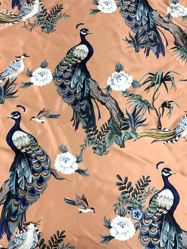 Oem Custom Silk Digital Printed Vintage Flowers And Peacocks Fabric For Scarf,Gown, Lining Sewing,Pajamas 