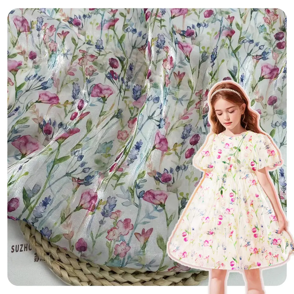 wholesale cheap price luxury 64gsm tulle shiny digital printing flowers liquid gaza organza fabric for kids dress