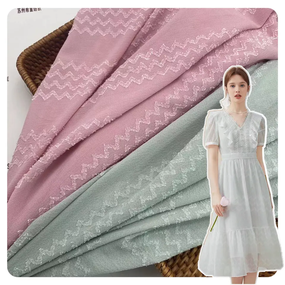 CHINESE SUPPLIER WAVE DESIGN PATTERN POLYESTER PURE COLOR CHIFFON JACQUARD FABRIC FOR WOMEN DRESS