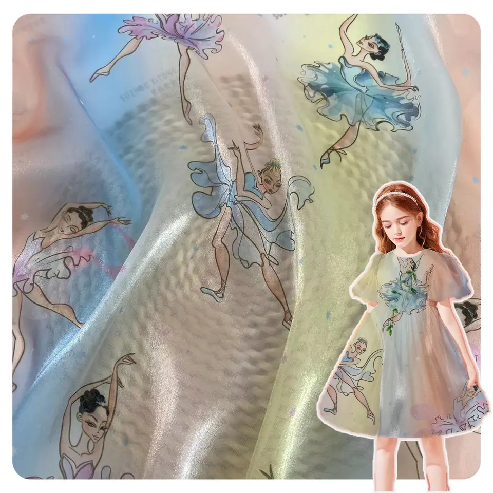 New arrival ombre base the girl dancing ballet design pattern digital printing liquid organza fabric for little girl dress