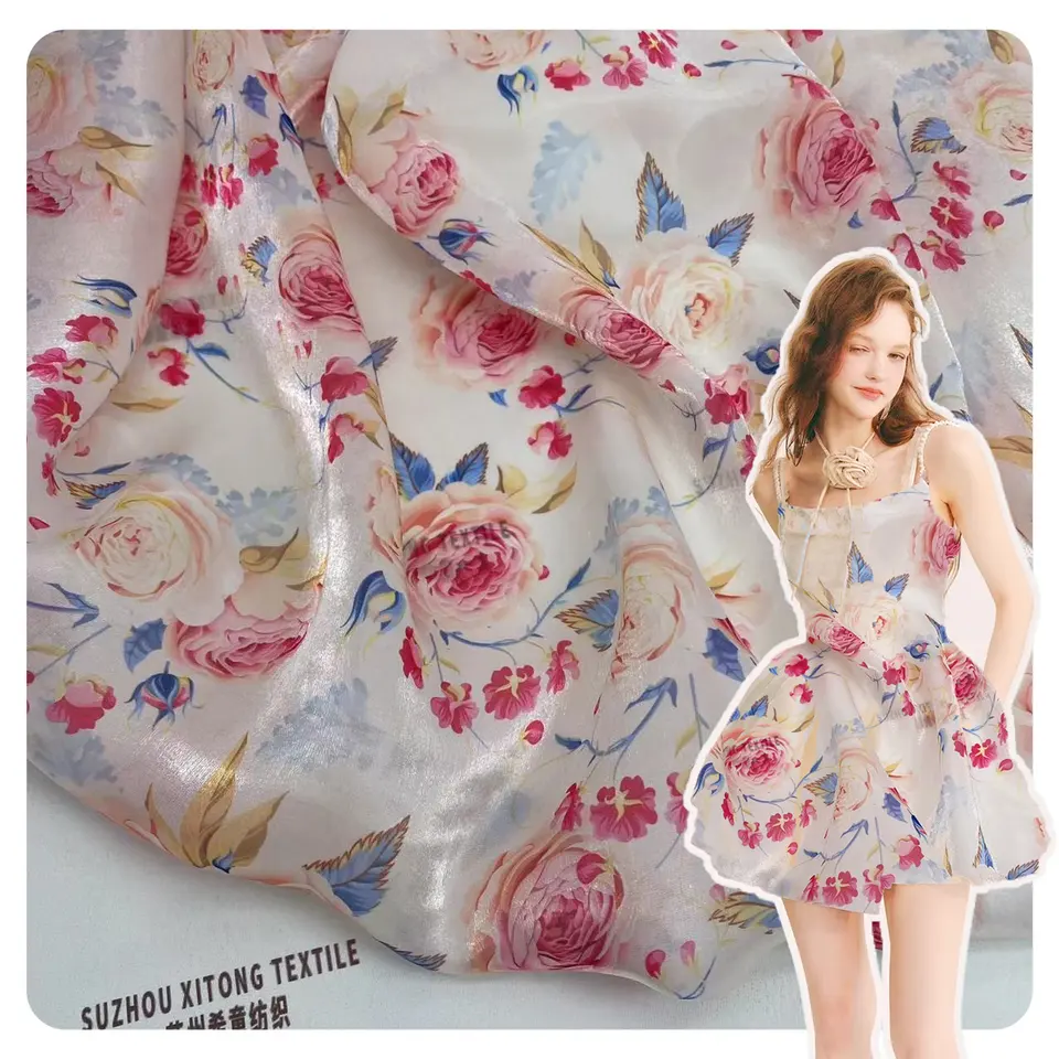 Wholesale 64gsm transparent stock digital printing beautiful flowers liquid organza fabric for women and girl's dress