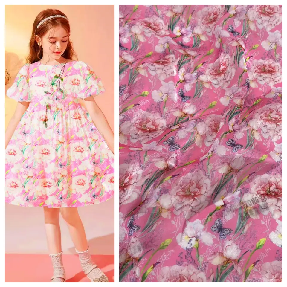 Wholesale Lightweight Stock Multi colors Transparent Shiny Liquid Silk Organza Kids Print Fabric for Girls' dress