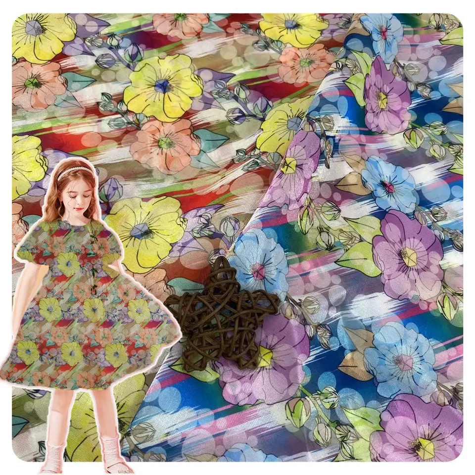 Polyester stock soft shiny 2 colorways full of flowers design pattern digital printing liquid organza fabric for kids dress