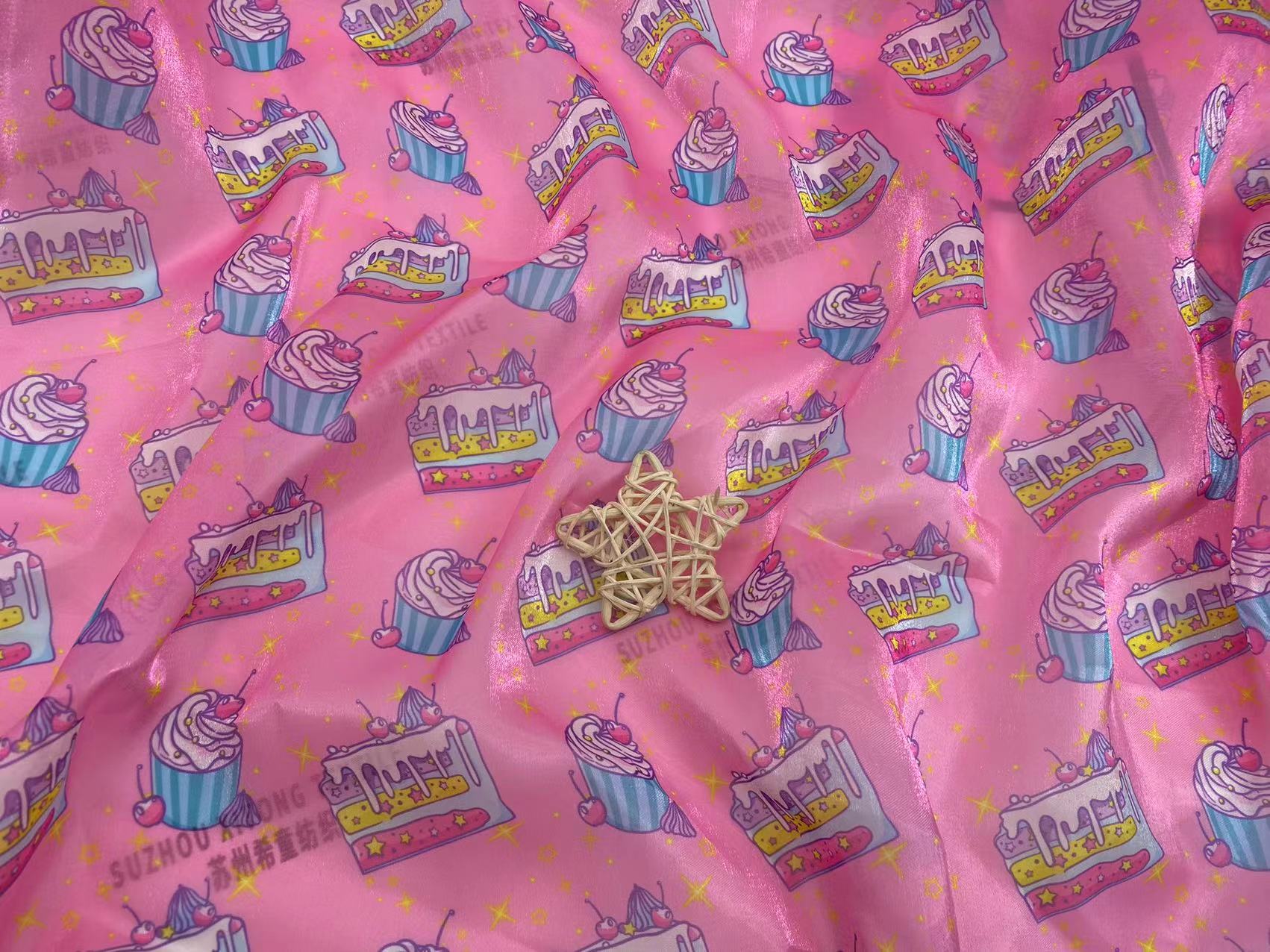 New arrival stock polyester soft and shiny pink high quality digital printing ice-cream design liquid organza fabric for kids