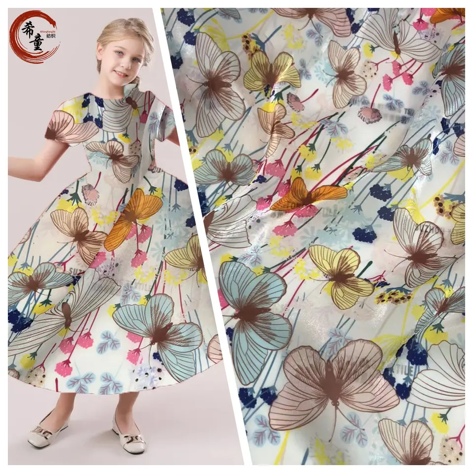 New design reflective shiny soft digital printing butterflies pattern light weight liquid organza fabric for girls' dress fabric