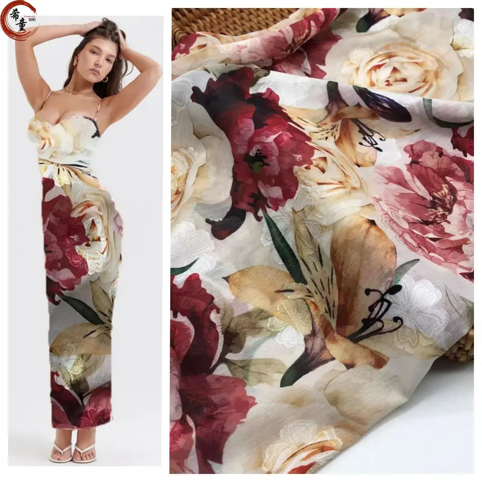 High-end polyester customized printed big florals chiffon jacquard hijab fabric for women fashion dress fabric
