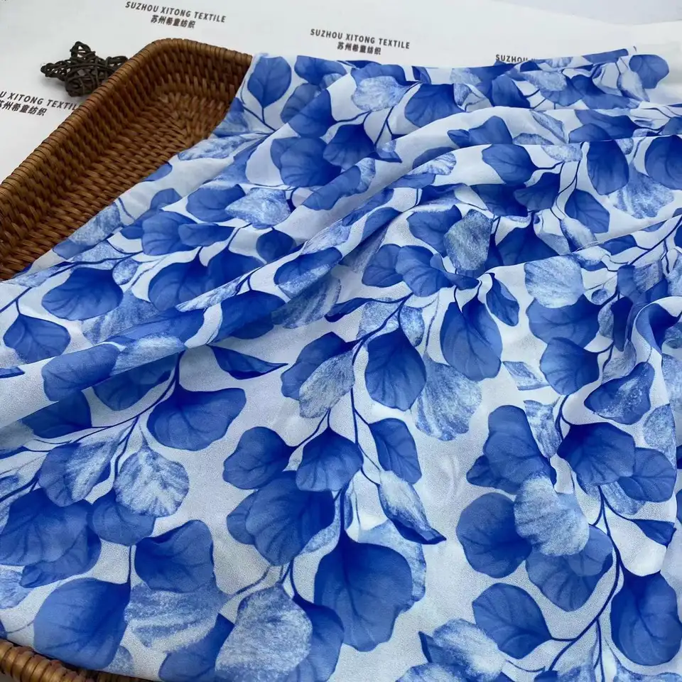 100% polyester chiffon pearl printed floral beautiful leaves digital print chiffon fabric for dress ballet skirt