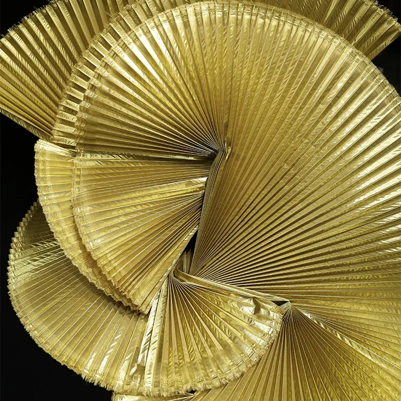 Metallic accordion pleated fabric wedding gold decorative design, wide texture, background designer organza fabric