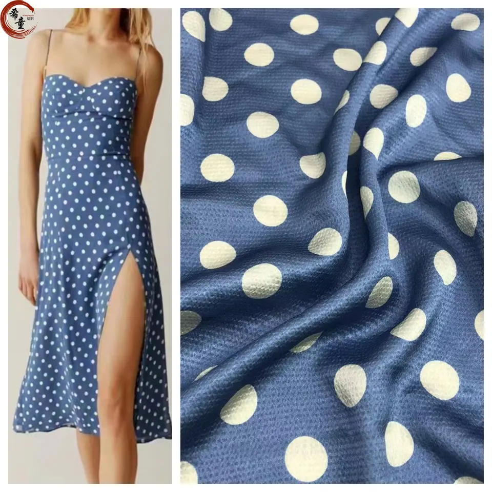Custom digital printing stretch polyester spandex crepe polka white dots blue base classical satin fabric for women garments