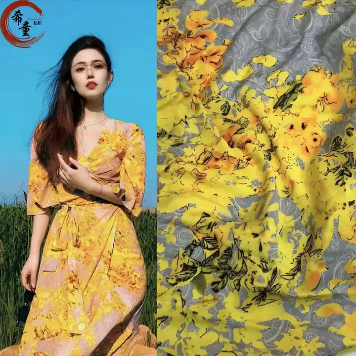 2023 Latest fashion yellow flower elegant sexy attractive digital printed satin fabric for women dress and scarf making