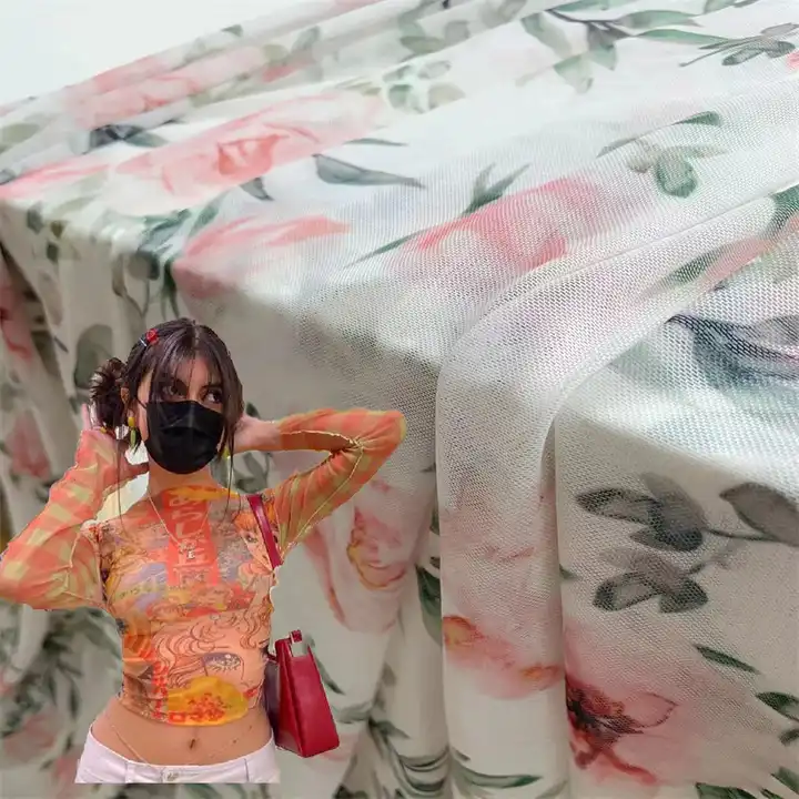 lastic Tulle Power Mesh Fabric Pink Printed Flower 4 Way Stretchy Gauze Dip Dyed Floral for Lingerie,Summer Ball Gown