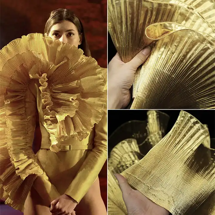 Metallic luster wavy large lace Pleated ruffle Organza Transparent Designer DIY Sewing Wedding Dress Fabric Material Accessories